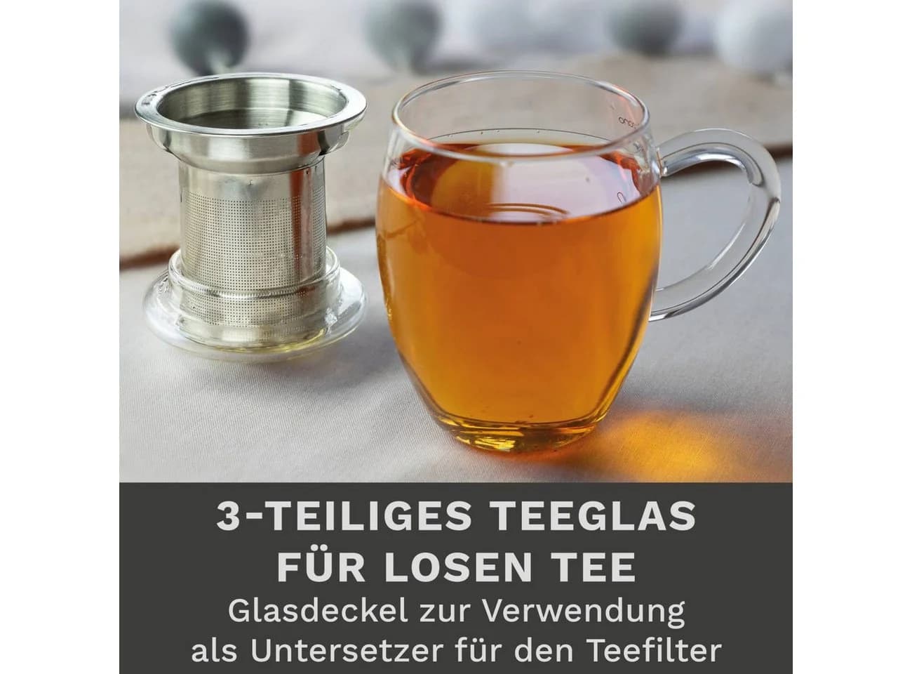 Creano Teeglas 400ml mit Sieb & Deckel 3-tlg. Borosilikatglas - Bild 3
