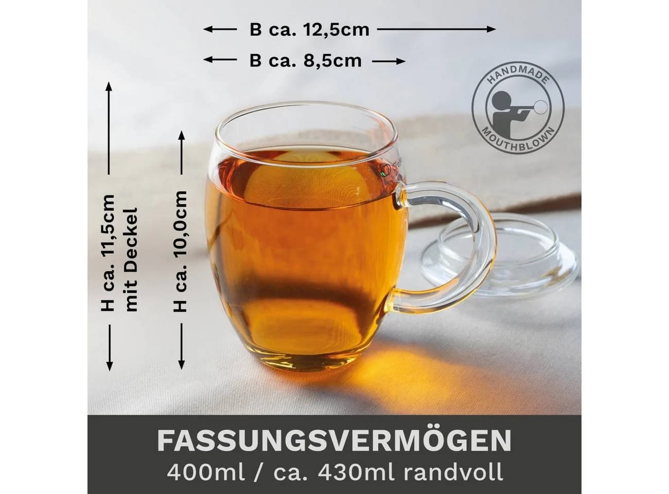 Creano Teeglas 400ml mit Sieb & Deckel 3-tlg. Borosilikatglas - Bild 4