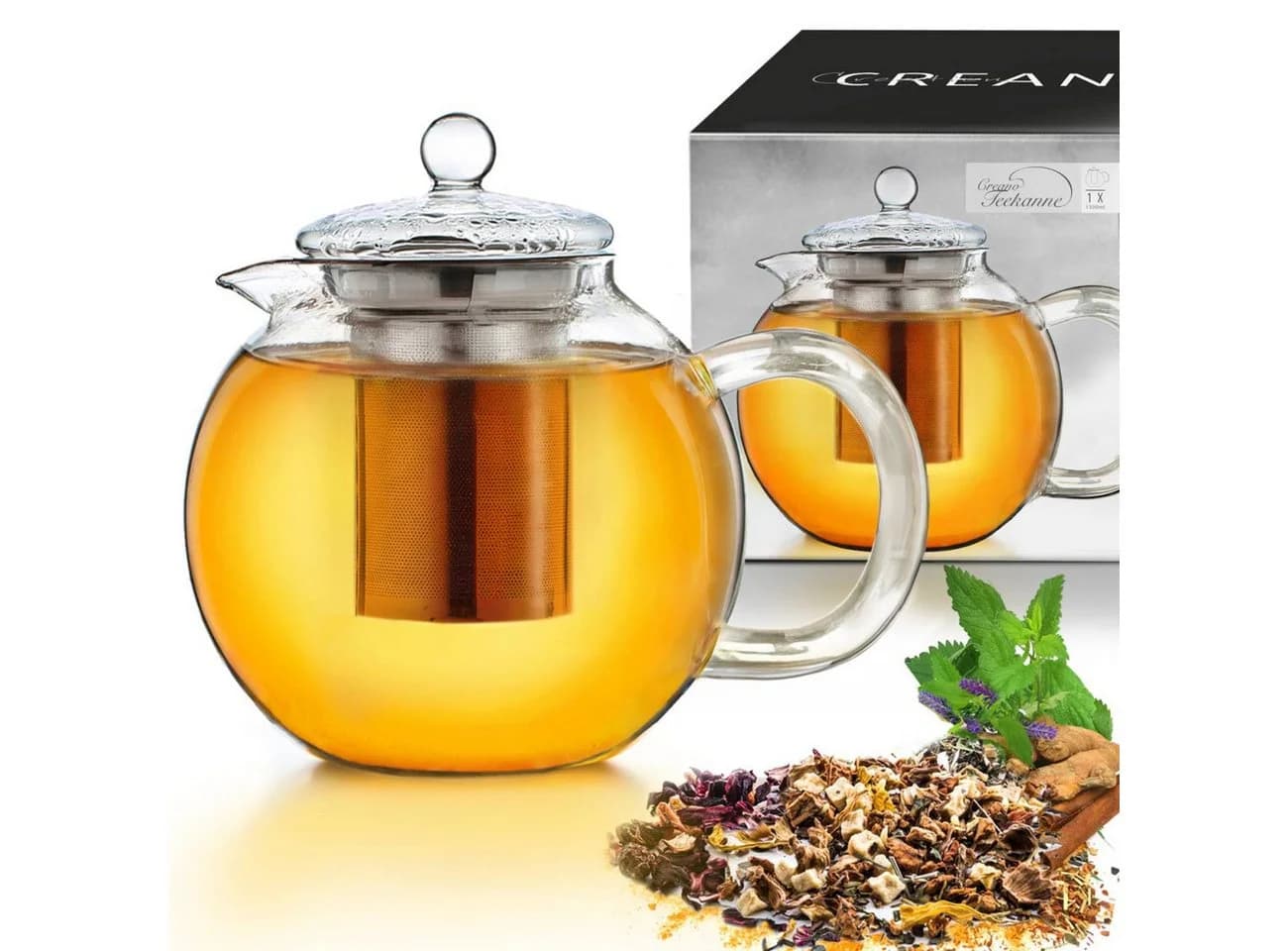 Creano Teekanne „Schnabel“ 1,3l mit Edelstahlsieb & Glas-Deckel, transparent - Bild 2
