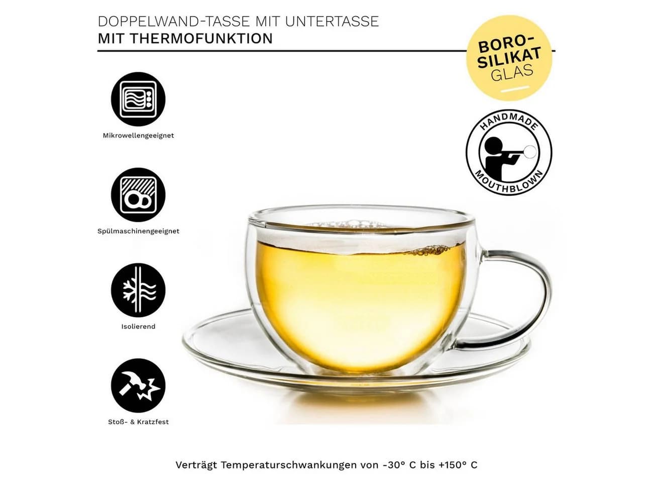 Creano Thermo-Tasse doppelwandig mit Untersetzer 250ml 6er Set