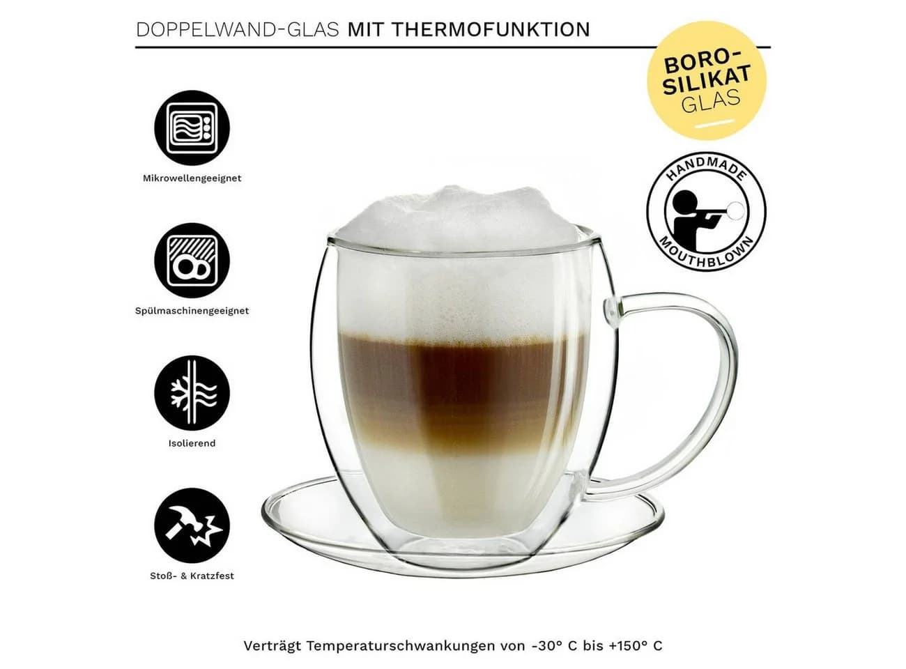 Creano Teeglas Thermotasse bauchig 250ml 4er Set mit Untersetzer - Bild 3