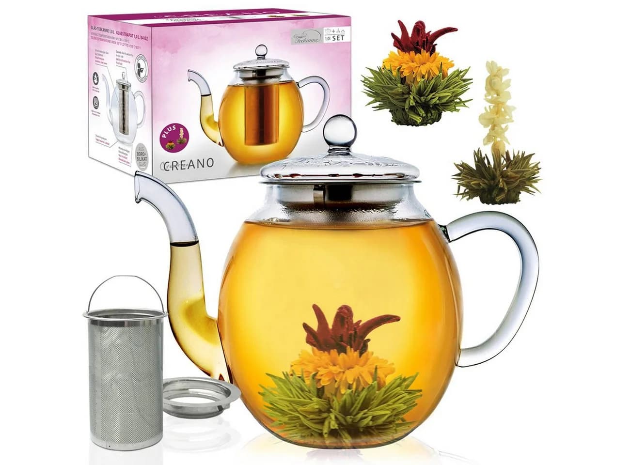 Creano Teekanne Hoch 1,0l Glas mit Edelstahl-Sieb & 2 Erblüh-Tees