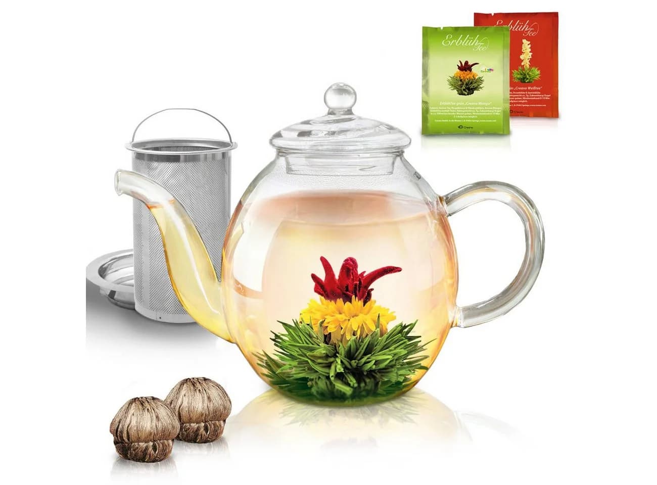Creano Teekanne Hoch 1,0l Glas mit Edelstahl-Sieb & 2 Erblüh-Tees - Bild 2