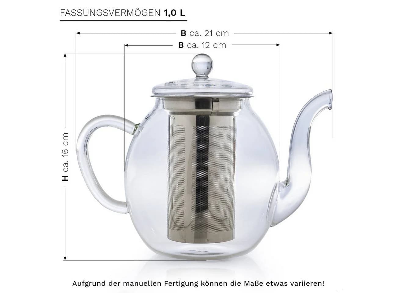 Creano Teekanne Hoch 1,0l Glas mit Edelstahl-Sieb & 2 Erblüh-Tees - Bild 3