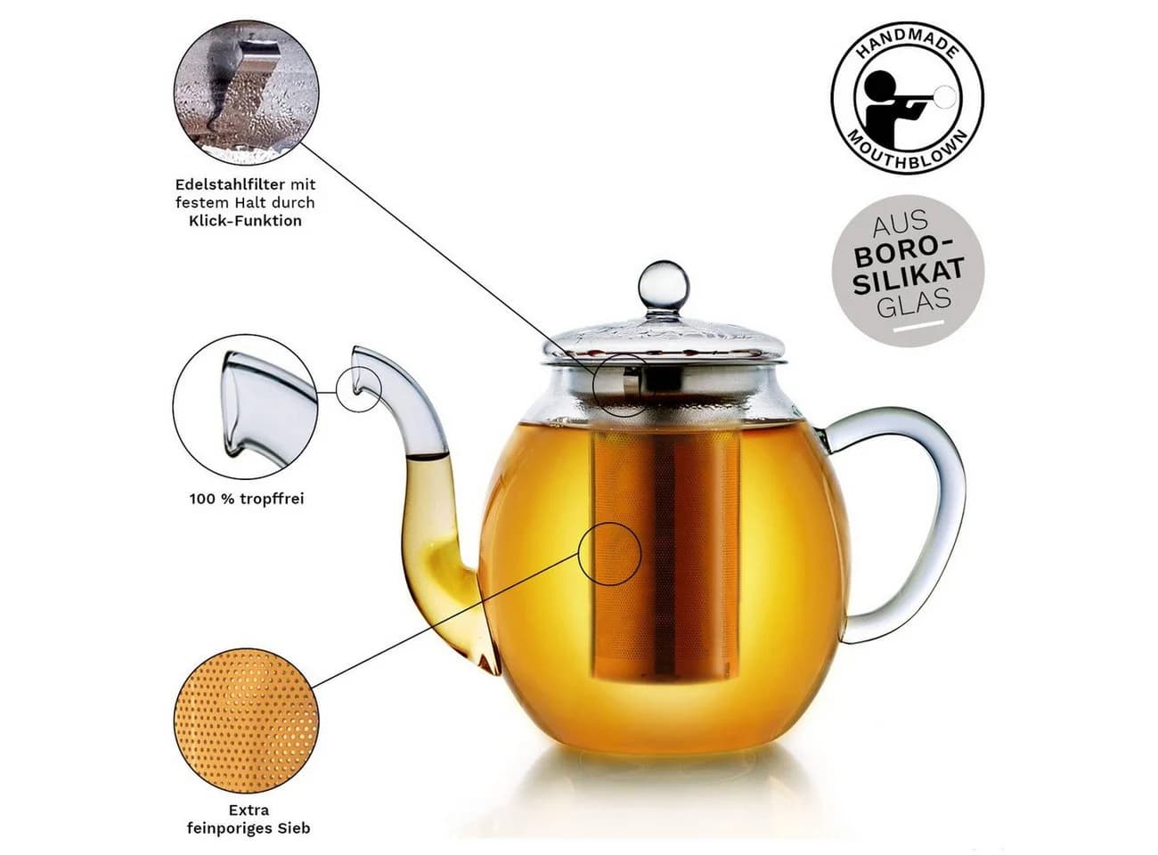 Creano Teekanne Hoch 1,0l Glas mit Edelstahl-Sieb & 2 Erblüh-Tees - Bild 4