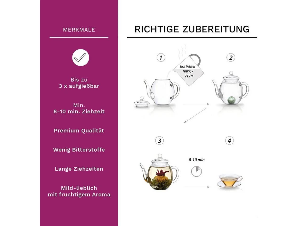 Creano Teekanne Hoch 1,0l Glas mit Edelstahl-Sieb & 2 Erblüh-Tees - Bild 5
