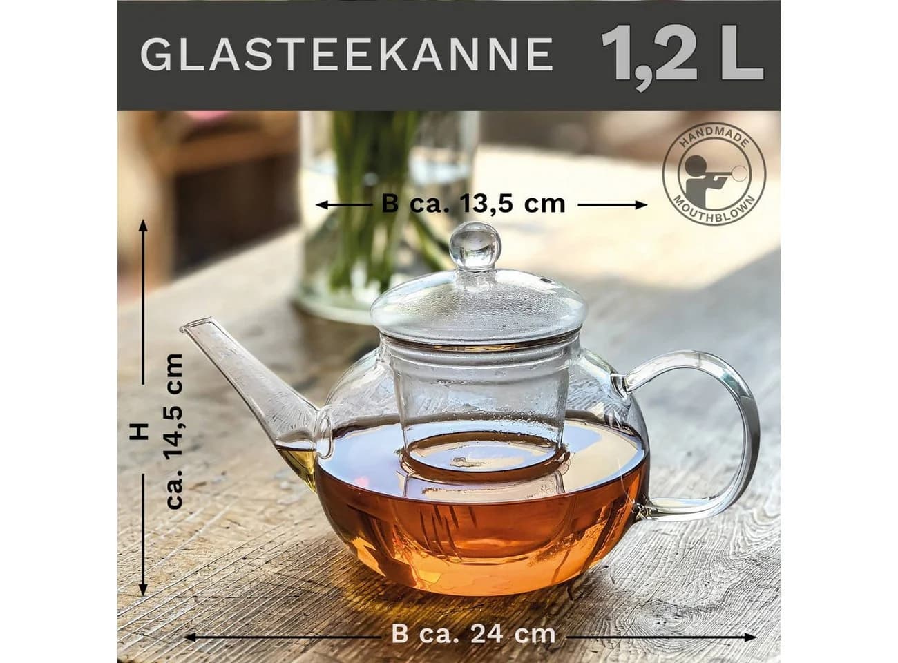 Creano Glasteekanne 1,2 Liter mit Glassieb und Deckel