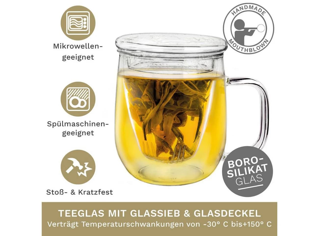 Creano Teeglas 450ml mit Sieb und Deckel aus Glas