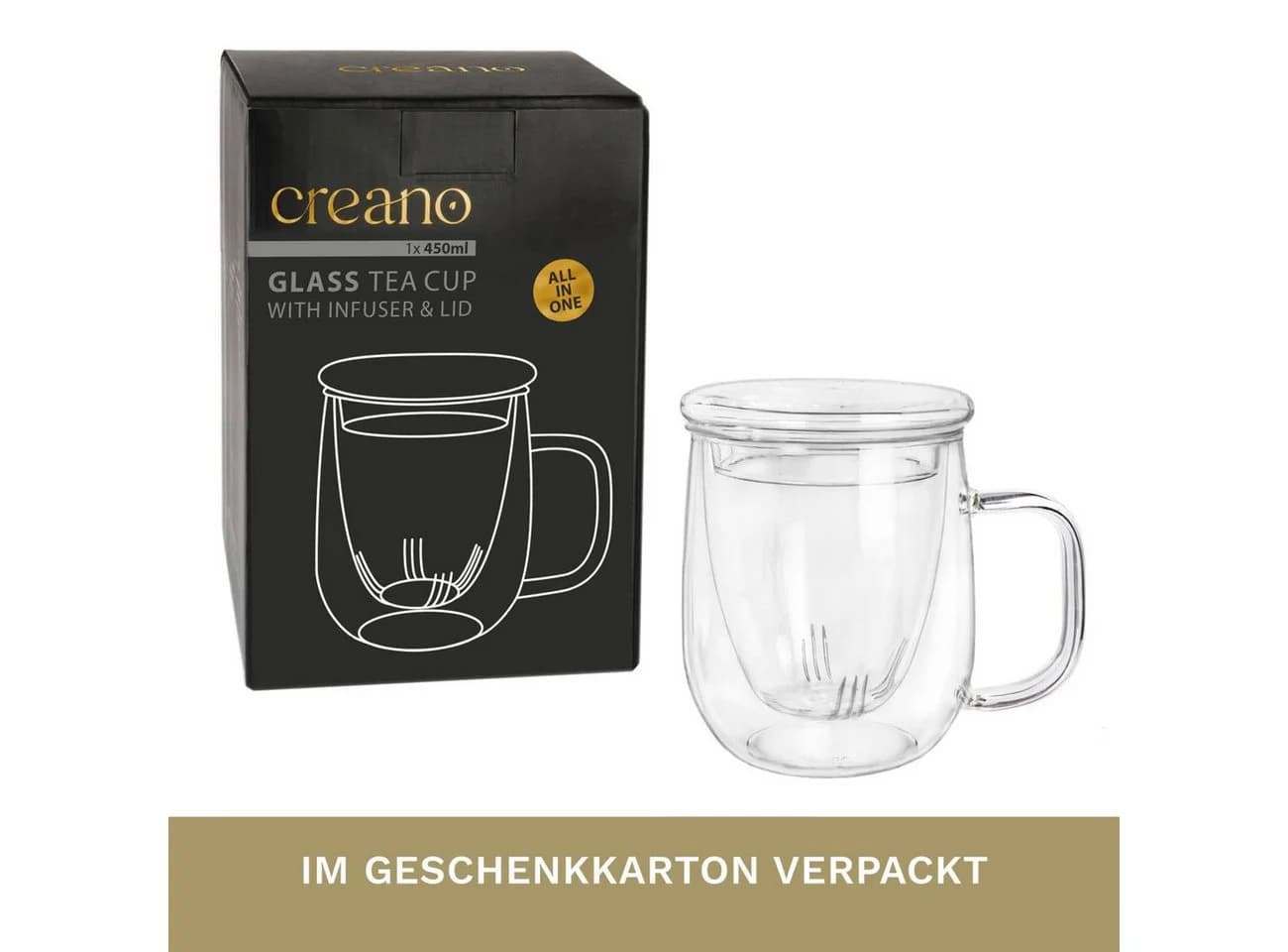 Creano Teeglas 450ml mit Sieb und Deckel aus Glas - Bild 5
