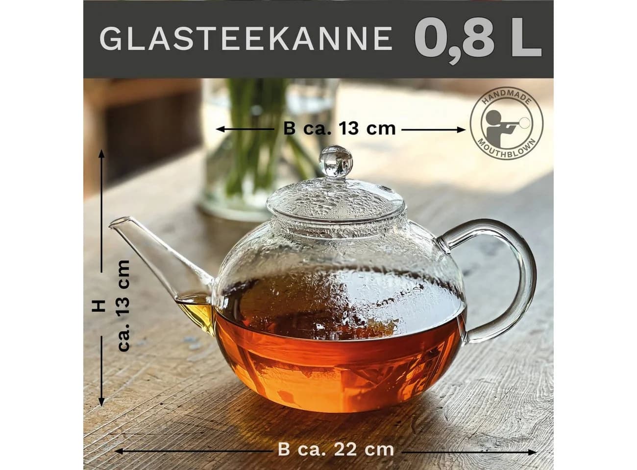Creano Teekanne „flach“ 0,8 l Glas tropffrei mit Edelstahlsieb