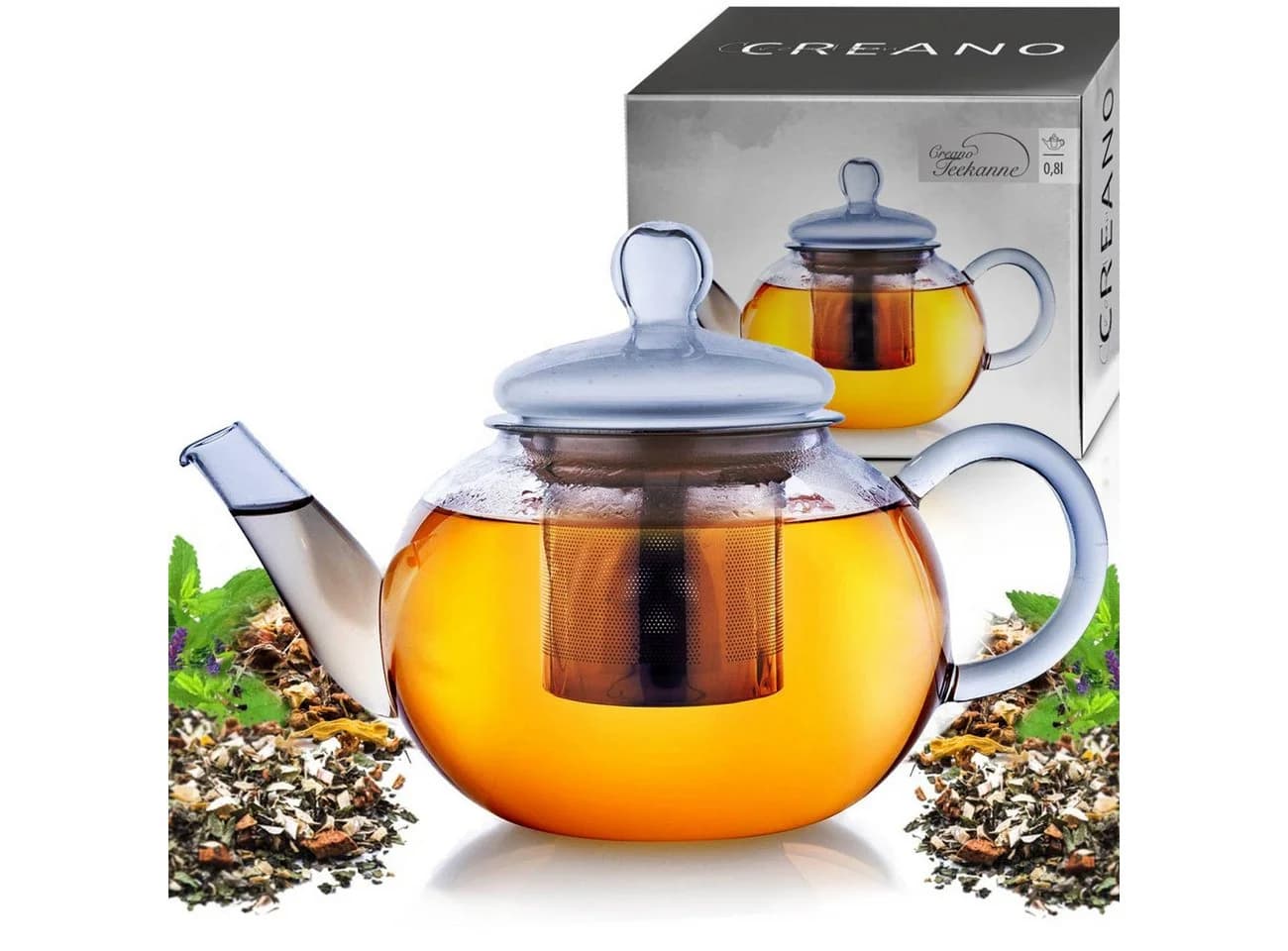 Creano Teekanne „flach“ 0,8 l Glas tropffrei mit Edelstahlsieb - Bild 2