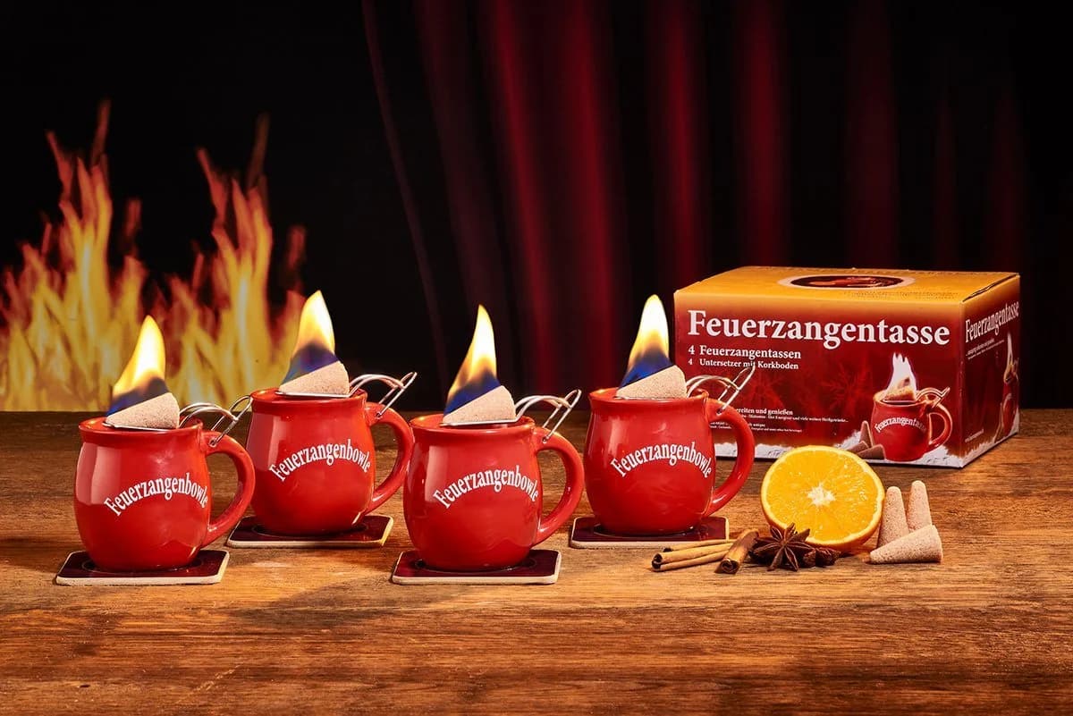 Feuerzangentasse Bowle-Set 4er-Set Rot Keramik Edelstahl