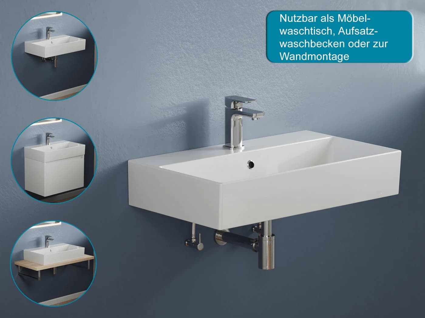 Aqua Bagno Aufsatzwaschbecken 70cm Weiß Eckig Wandhängend - Bild 3