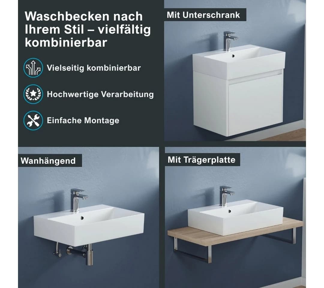 Aqua Bagno Aufsatzwaschbecken 60cm Weiß Keramik Wandhängend - Bild 3