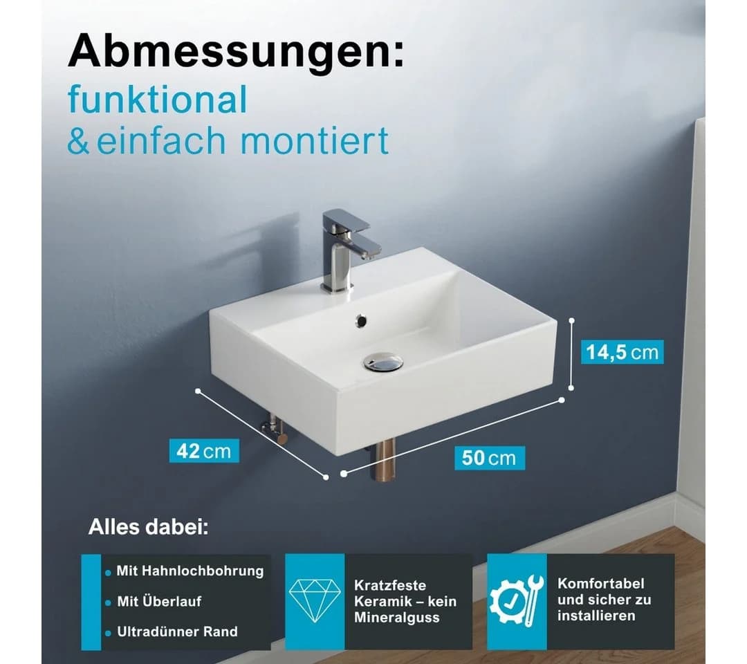 Aqua Bagno Waschbecken Aufsatzwaschbecken 50cm Weiß Eckig Wandhängend