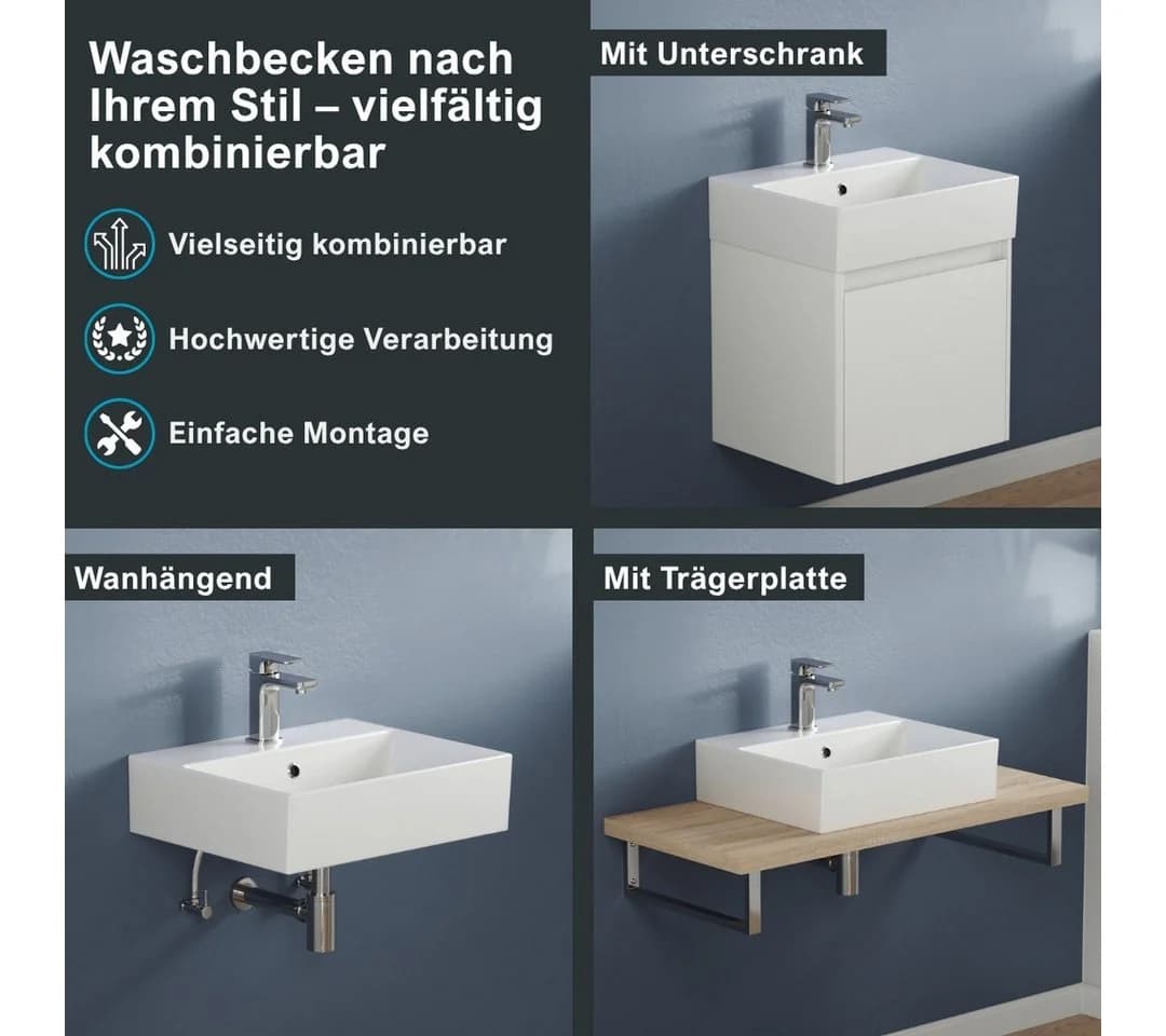 Aqua Bagno Waschbecken Aufsatzwaschbecken 50cm Weiß Eckig Wandhängend - Bild 3
