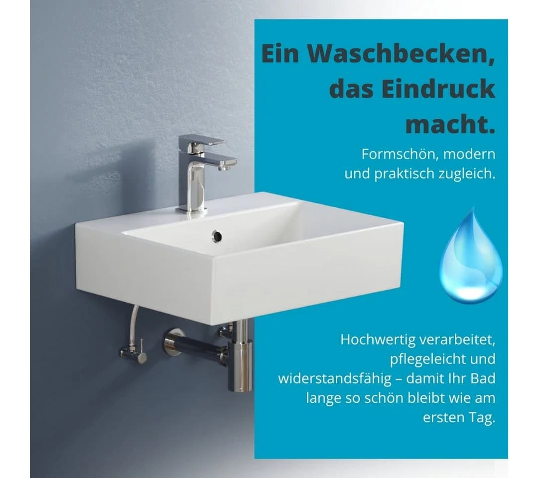 Aqua Bagno Waschbecken Aufsatzwaschbecken 50cm Weiß Eckig Wandhängend - Bild 4