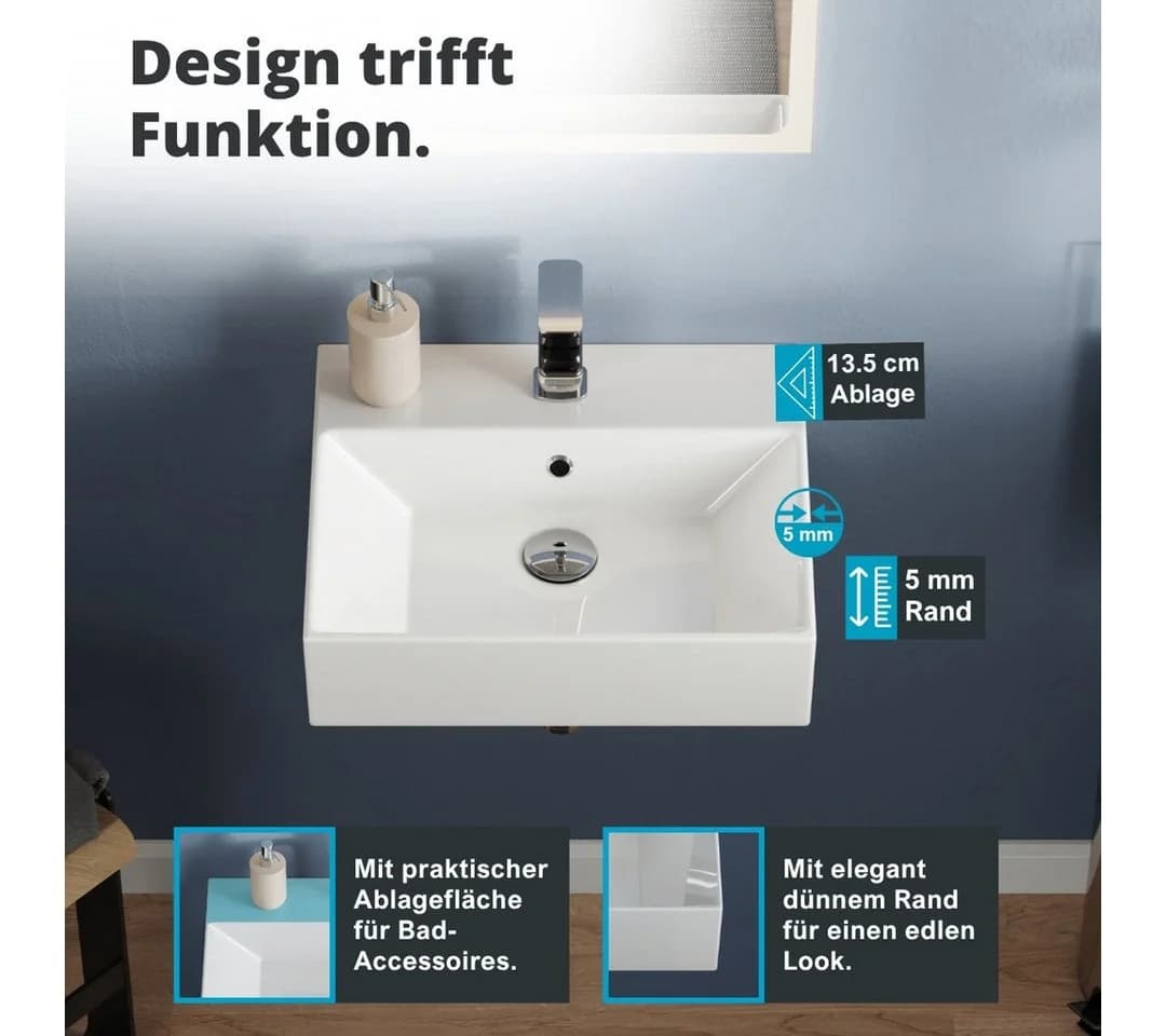 Aqua Bagno Waschbecken Aufsatzwaschbecken 50cm Weiß Eckig Wandhängend - Bild 5