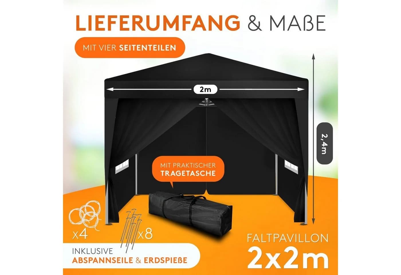 Kronenburg Faltpavillon 2x2 m wasserdicht mit Seitenteilen