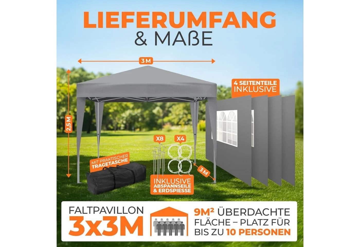 Kronenburg Faltpavillon 3x3 m wasserdicht mit UV-Schutz 50+ Grau
