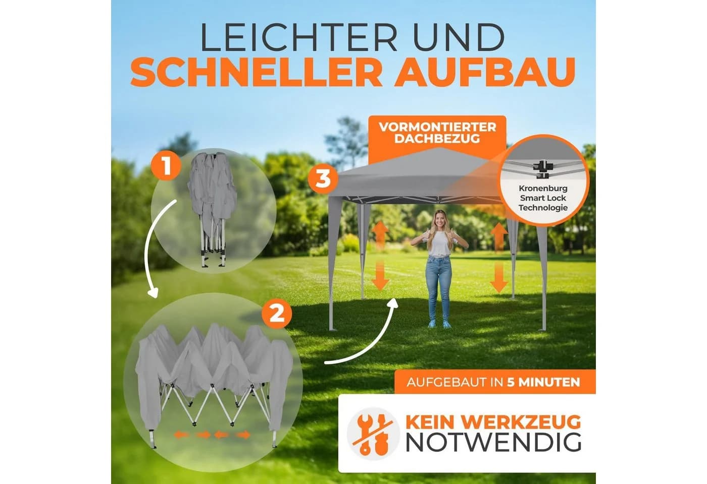 Kronenburg Faltpavillon 3x3 m wasserdicht mit UV-Schutz 50+ Grau - Bild 4