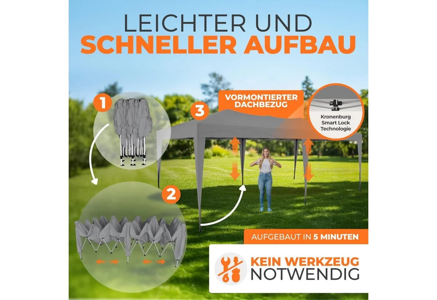 Kronenburg Partyzelt 3x6m Grau Faltpavillon wasserdicht - Bild 4