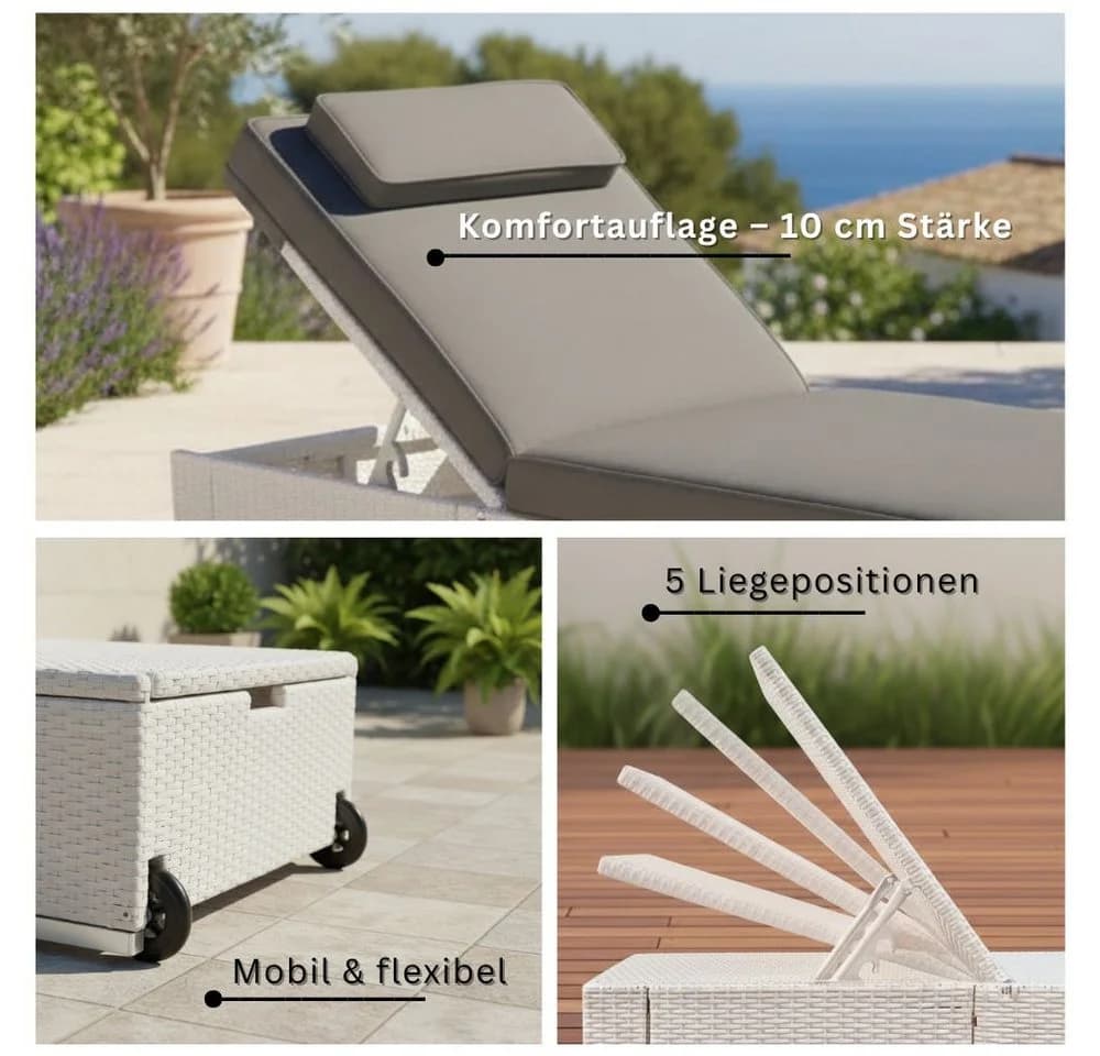 RS Trade Gartenliege Palermo Weiß Poly Rattan mit Auflage - Bild 5