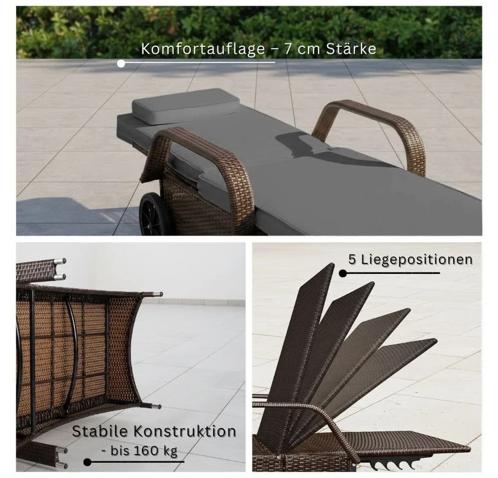 RS Trade Gartenliege Toscana Poly Rattan Braun Grau - Bild 5