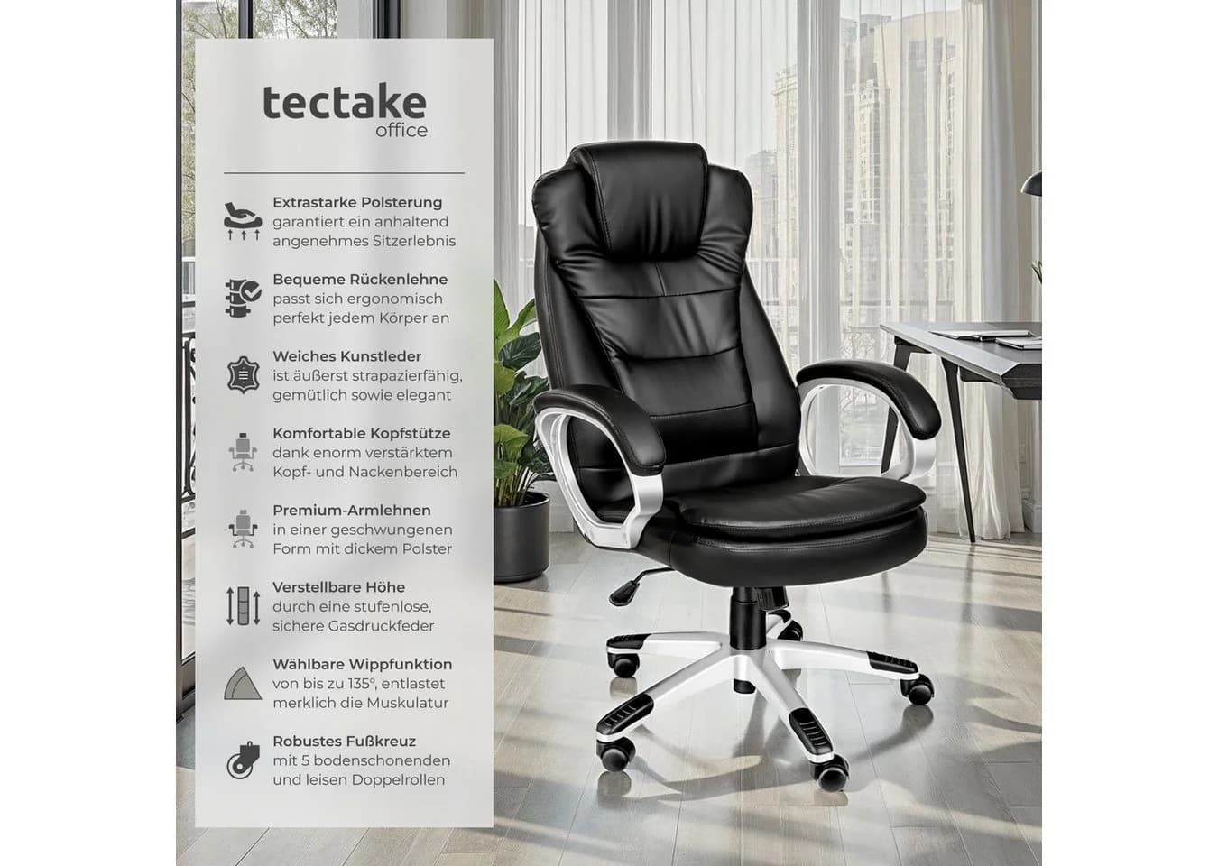 TECTAKE Chefsessel Bürostuhl Schwarz Kunstleder Ergonomisch - Bild 2