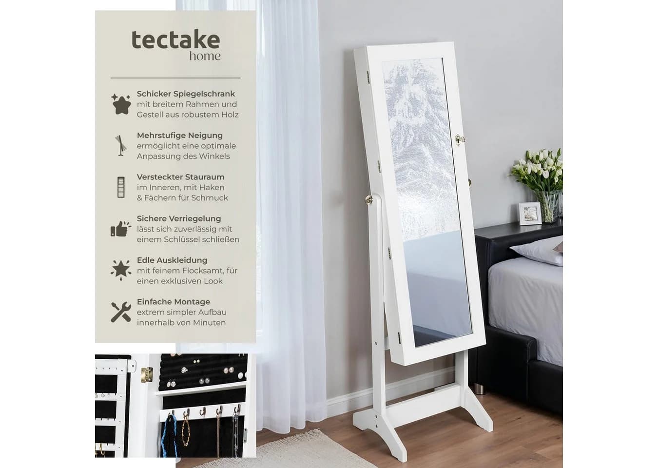 tectake Schmuckschrank mit Ganzkörperspiegel, abschließbar - Bild 2