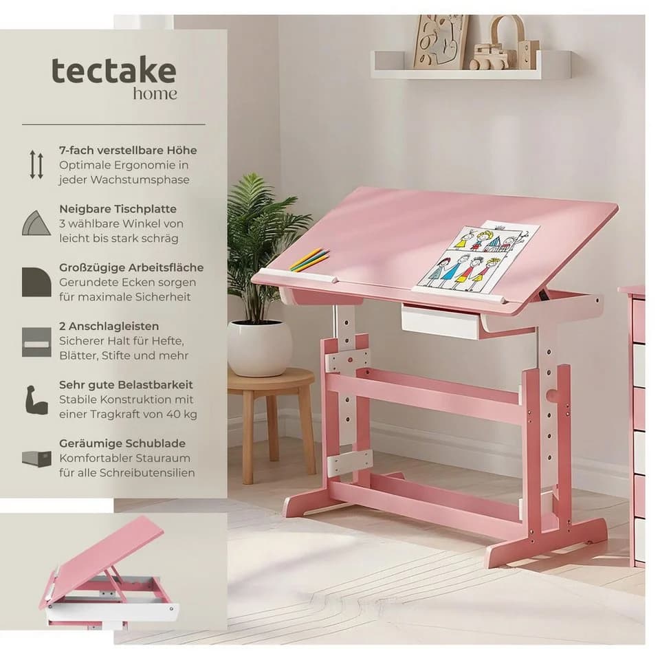 tectake Kinderschreibtisch Rosa Höhenverstellbar mit neigbarer Tischplatte - Bild 2