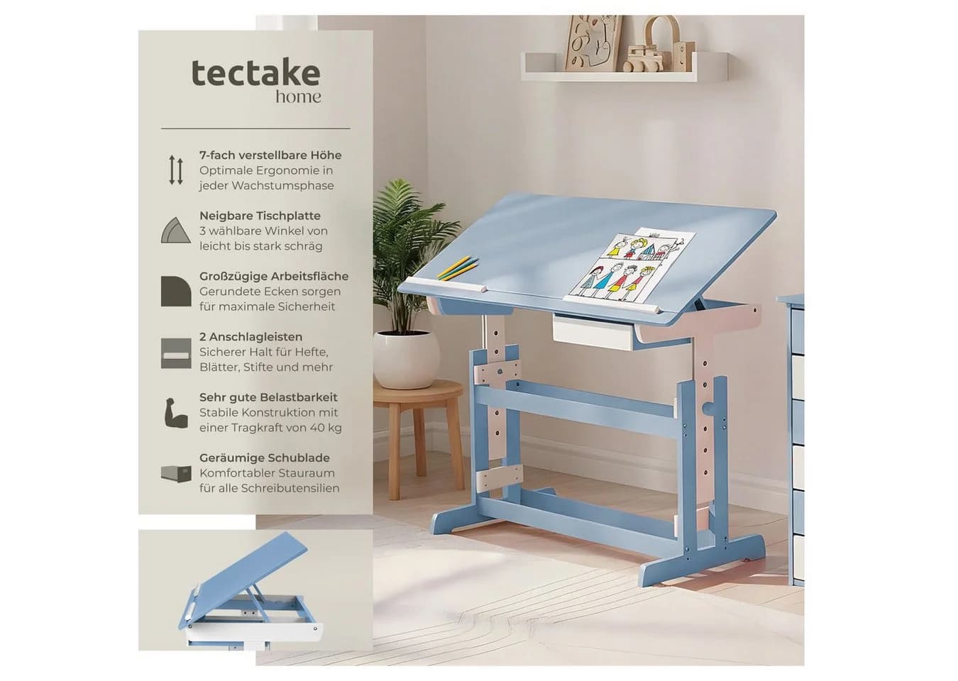 TECTAKE Kinderschreibtisch Blau Höhenverstellbar mit neigbarer Tischplatte - Bild 2
