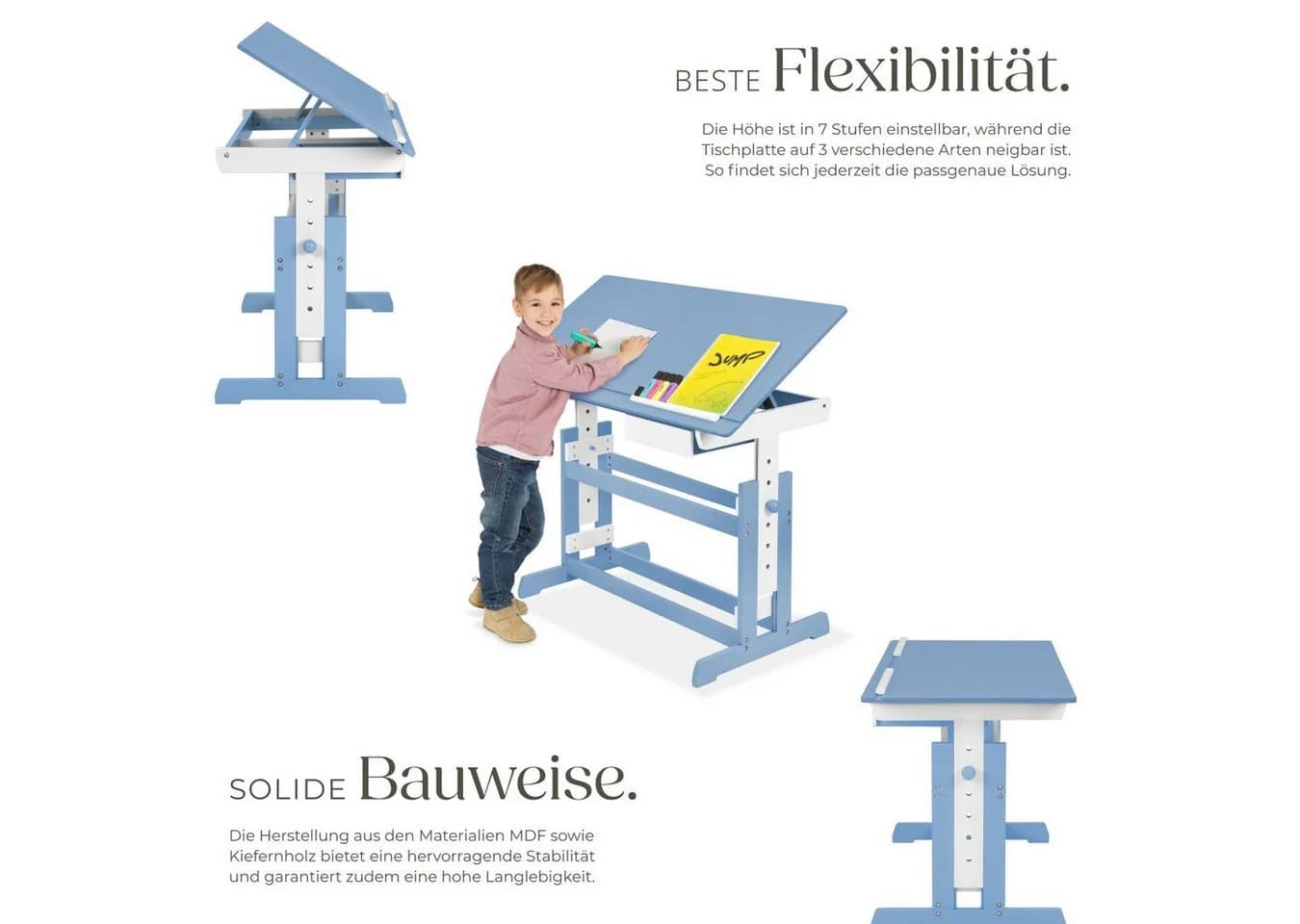TECTAKE Kinderschreibtisch Blau Höhenverstellbar mit neigbarer Tischplatte - Bild 4