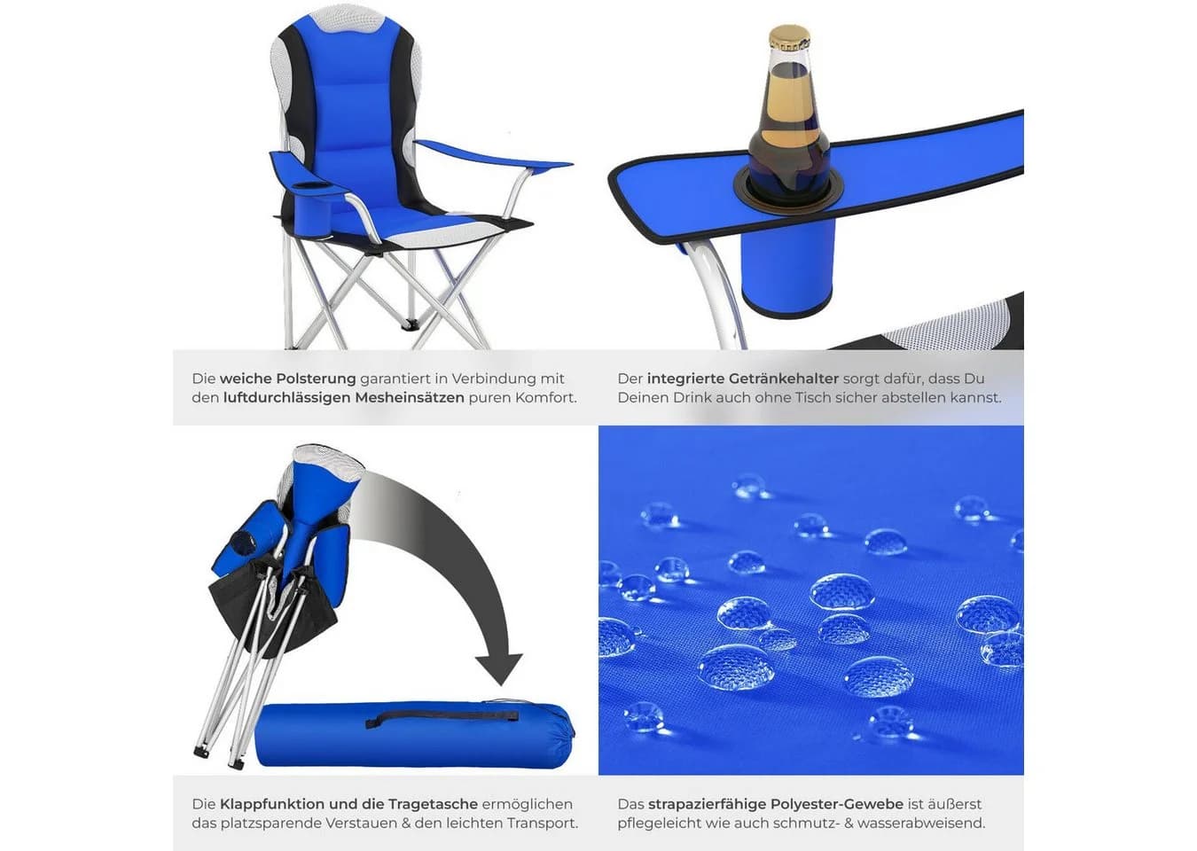 TECTAKE Campingstuhl Blau Gepolstert mit Getränkehalter & Tragetasche - Bild 5