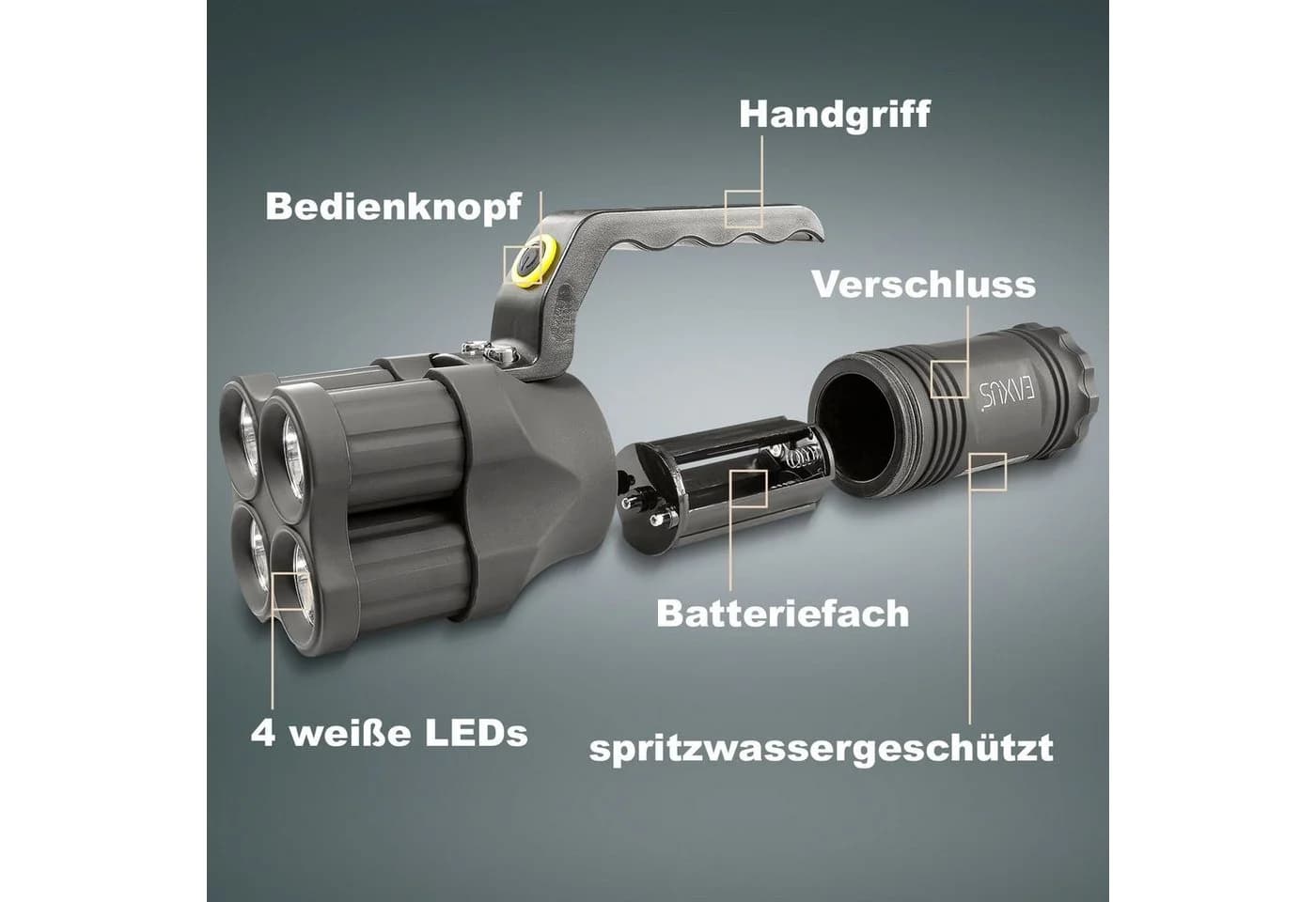 EAXUS LED Taschenlampe Leuchtstarker Handstrahler 200m Reichweite 3 Leuchtmodi Spritzwassergeschützt - Bild 5