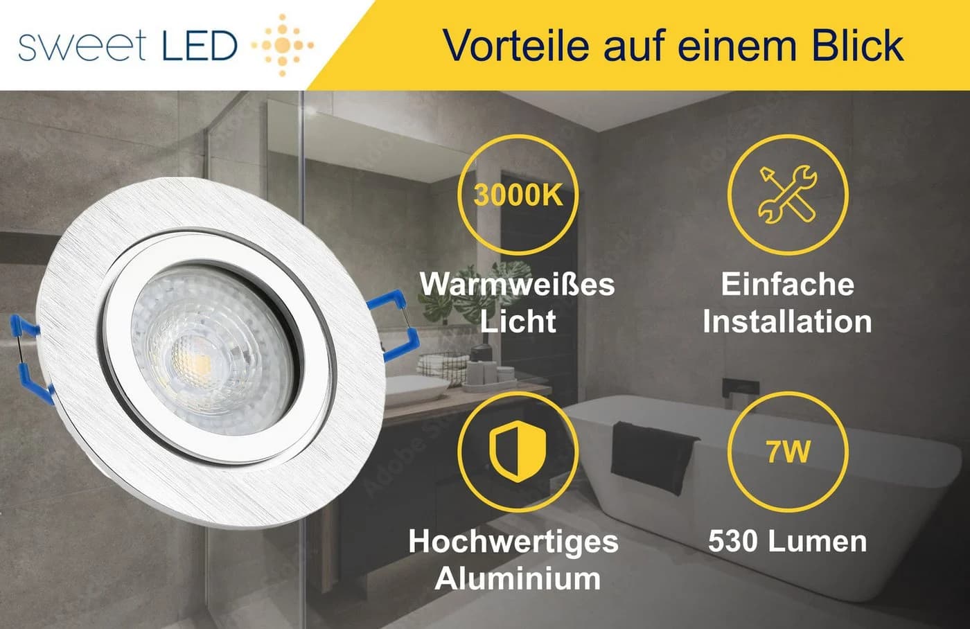 Sweet LED Einbaustrahler 6er Set IP44 Bad Aluminium GU10 7W 3000K - Bild 5