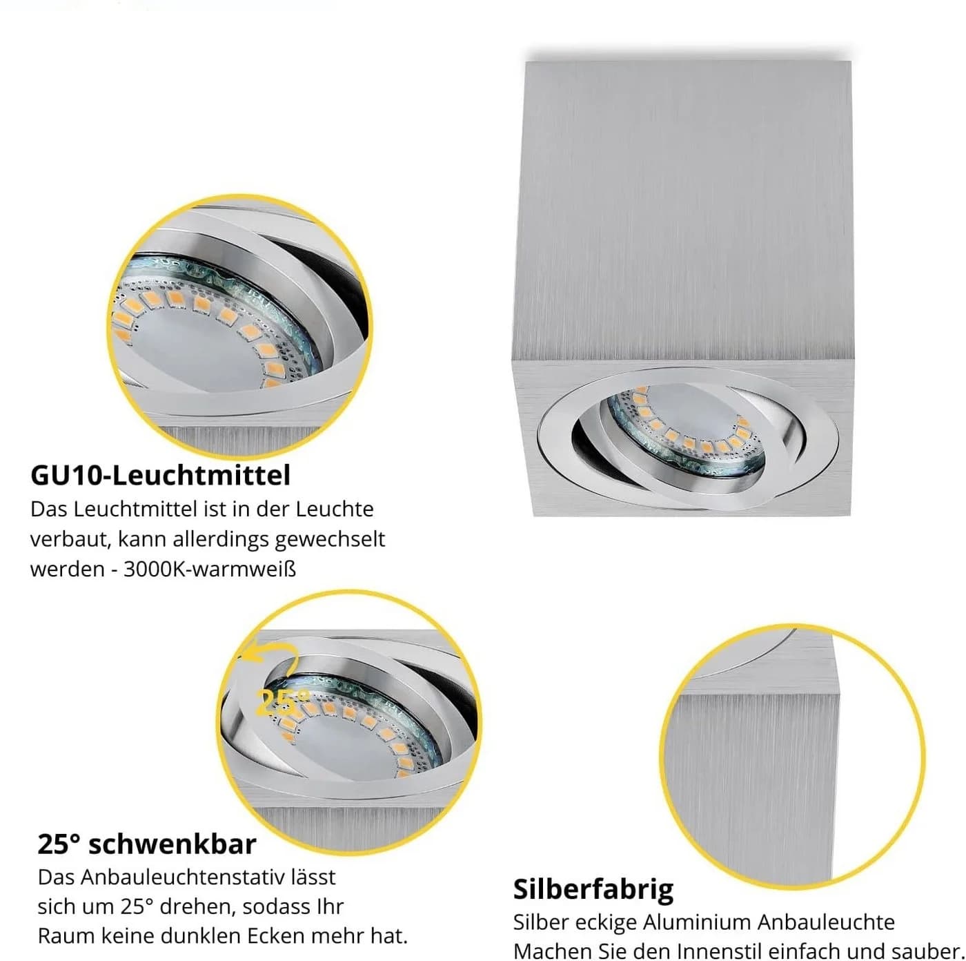 Sweet LED Deckenspott GU10 Aluminium Quadratisch Schwenkbar Warmweiß - Bild 3