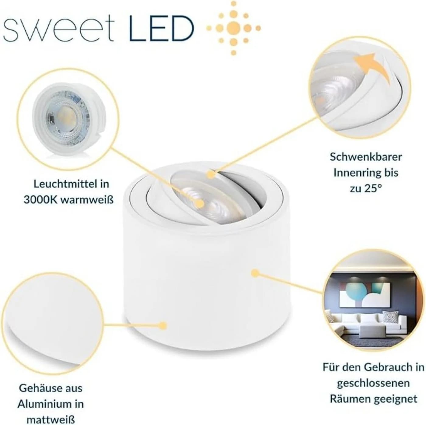 Sweet LED Aufbaustrahler 5W rund weiß-matt Aluminium schwenkbar - Bild 3