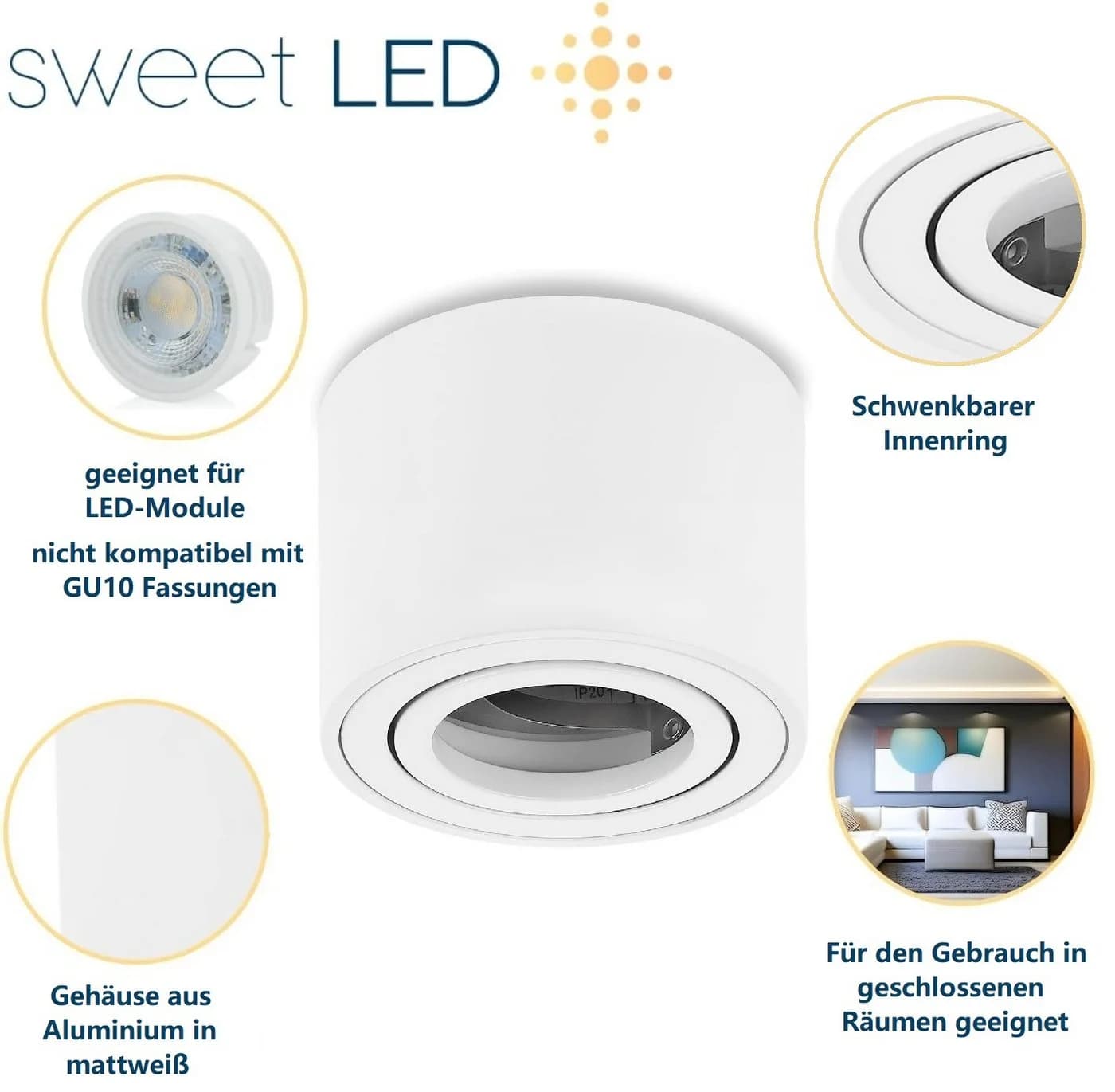 Sweet LED Aufbauleuchte 4er Set für Bad & Küche IP44 Aluminium 230V - Bild 3