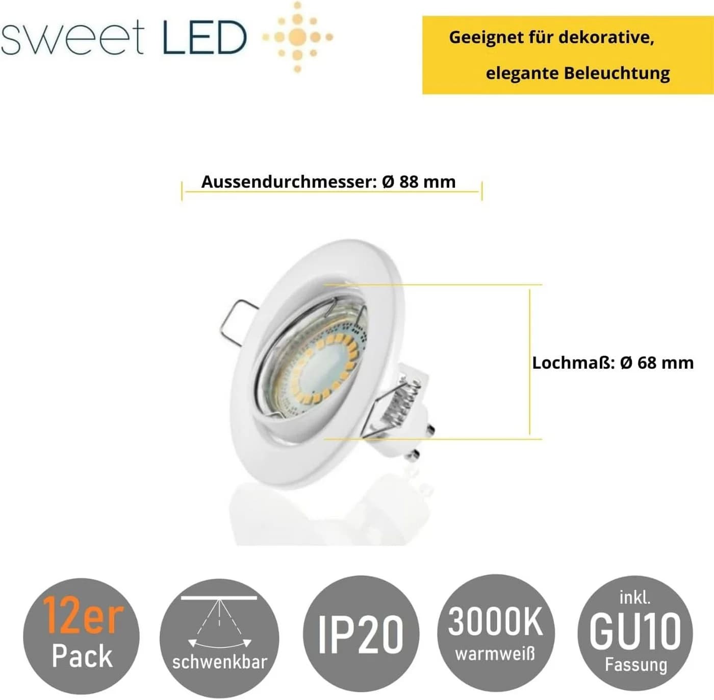 Sweet LED 12er Set Einbaustrahler GU10 5W 230V Weiß Schwenkbar 3000K - Bild 4
