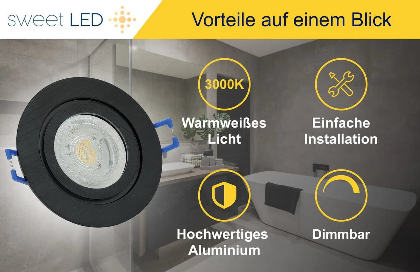 Sweet LED LED Einbaustrahler 6er Set IP44 7W Dimmbar Deckenspots Bad & Küche Schwarz - Bild 5