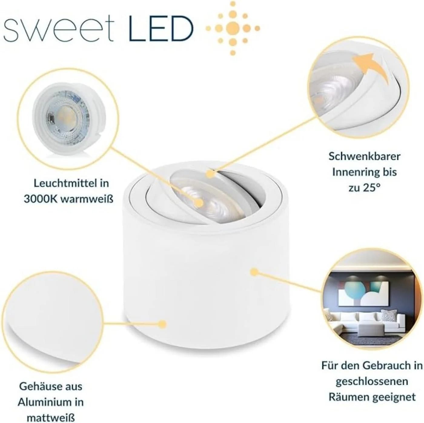 Sweet LED 4er Set Aufbaustrahler flach weiß matt Aluminium schwenkbar - Bild 3