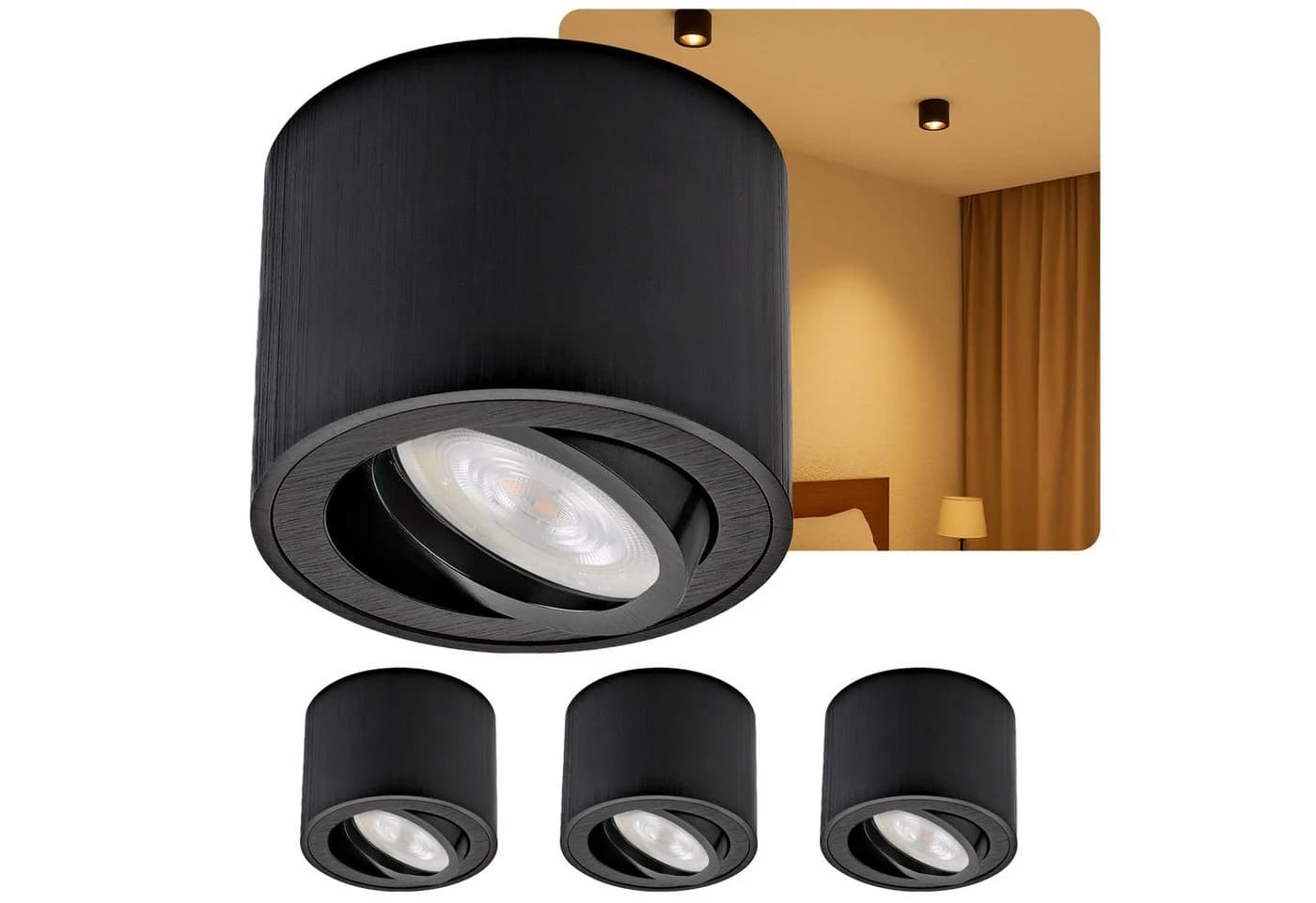 Sweet LED LED Aufbaustrahler 4er Set Schwarz Rund Schwenkbar 5W 230V LED Wechselbar Warmweiß - Bild 2