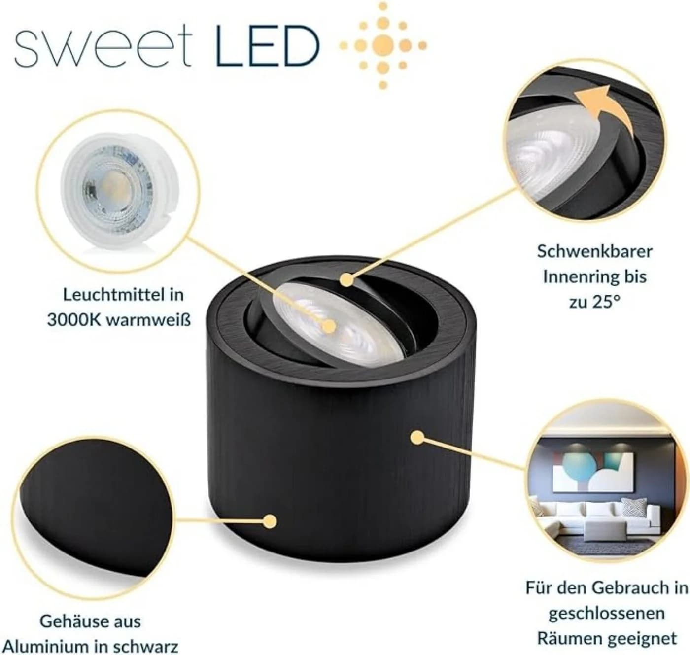 Sweet LED LED Aufbaustrahler 4er Set Schwarz Rund Schwenkbar 5W 230V LED Wechselbar Warmweiß - Bild 3
