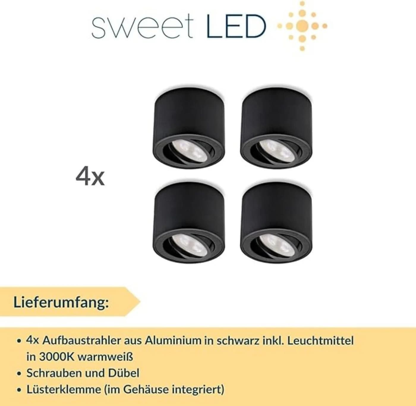 Sweet LED LED Aufbaustrahler 4er Set Schwarz Rund Schwenkbar 5W 230V LED Wechselbar Warmweiß - Bild 5