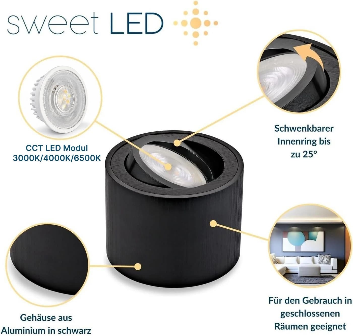 Sweet LED Aufbaustrahler 6er Set Schwarz CCT Schwenkbar