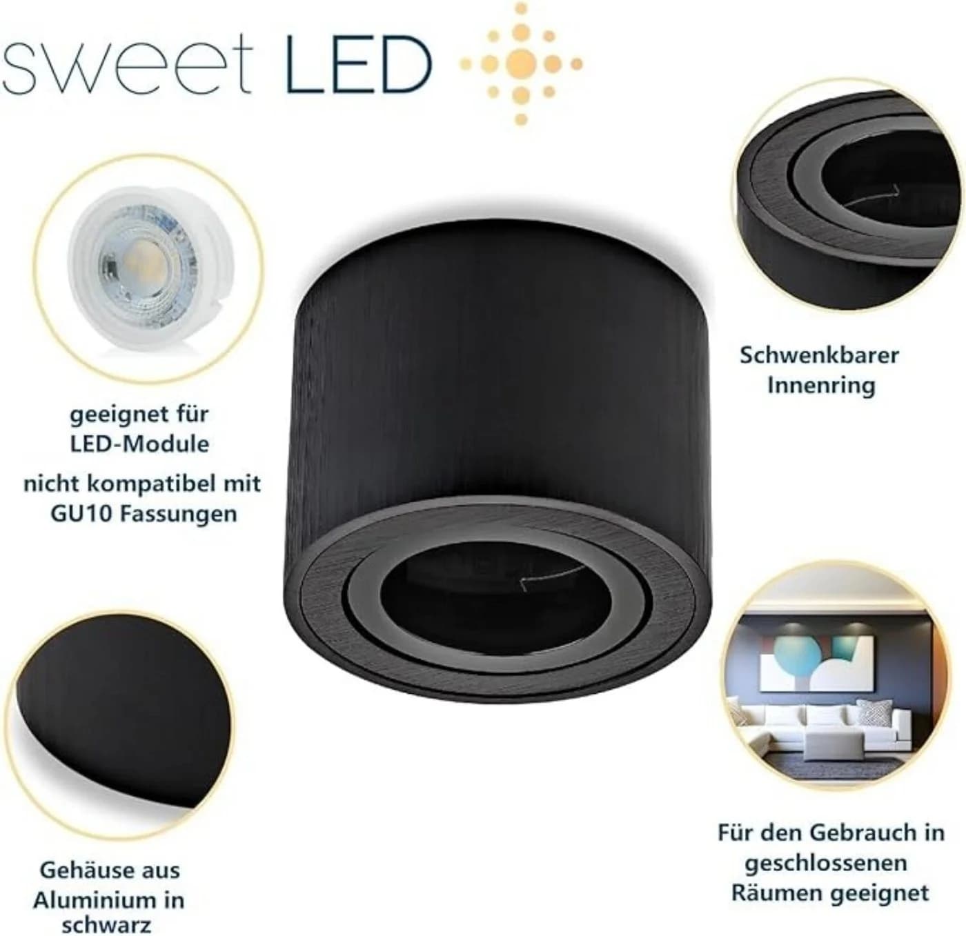 Sweet LED Aufbauleuchte 4er Set Aufbauspots flach 50mm Aluminium 230V schwarz - Bild 4