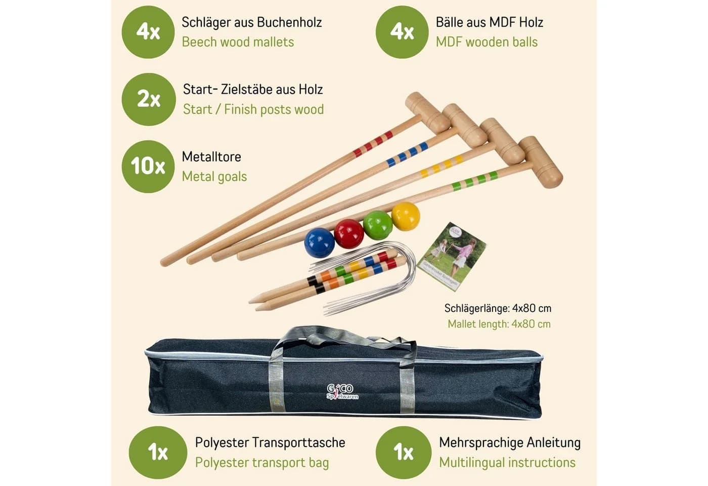 GICO Krocket Set 4 Spieler 80 cm Holz Krocketspiel für den Garten