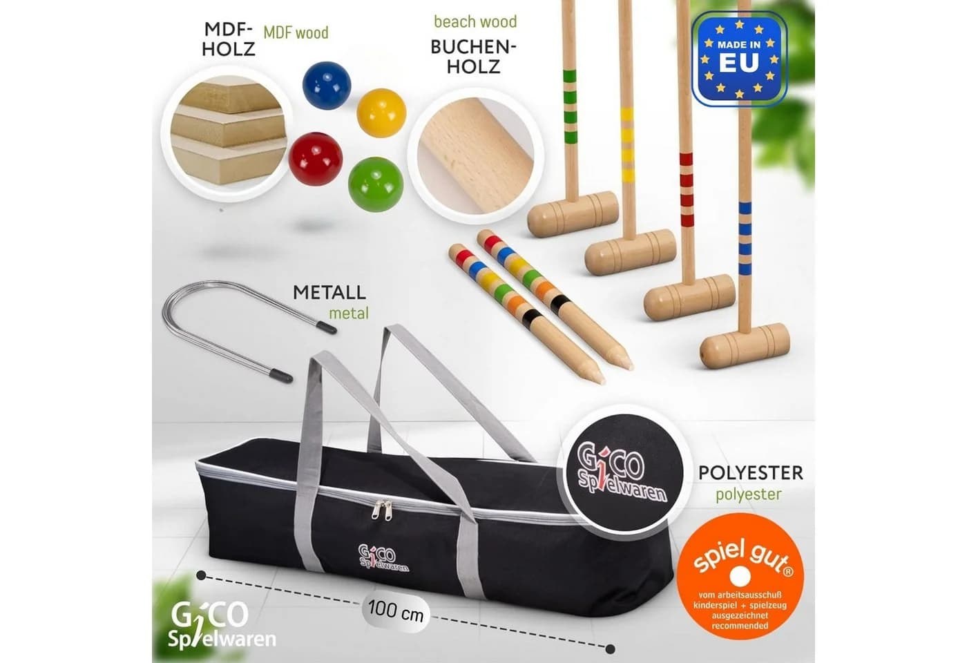 GICO Krocket Set Adult 4 Spieler Massivholz Schläger 100cm - Bild 3