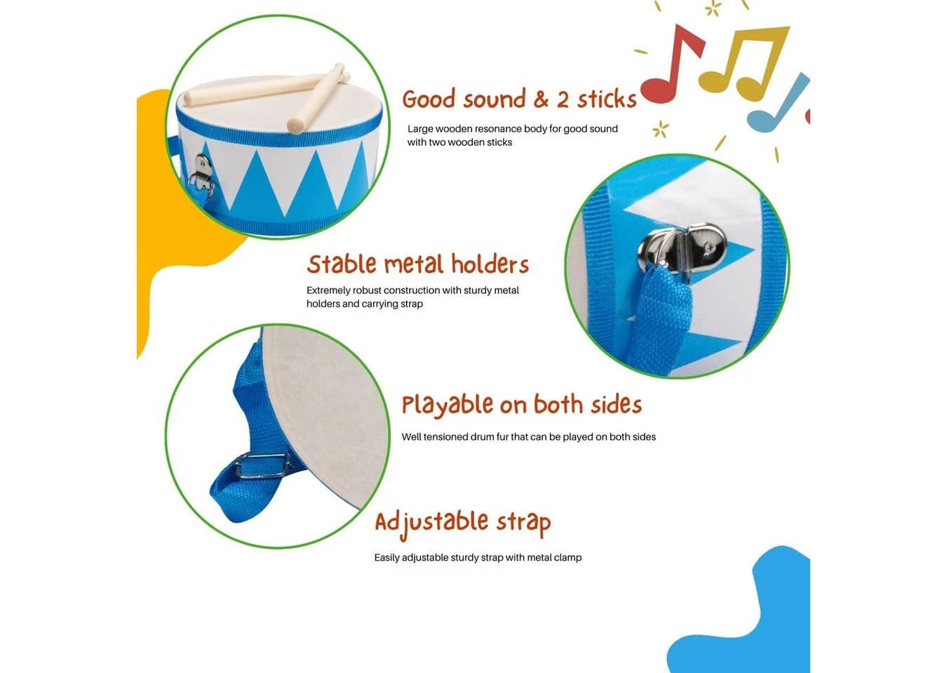 GICO Kinder Trommel Blau/Weiß Holz 20 cm mit Sticks & Gurt